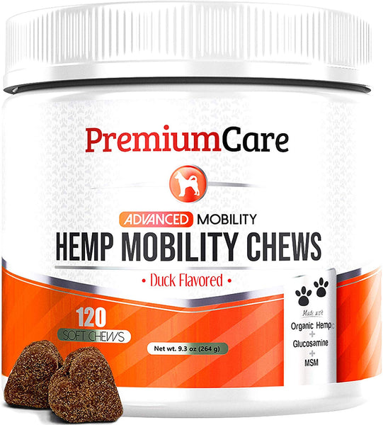 PREMIUM CARE Glucosamine for Dogs with Organic Hemp - Advanced Hemp Hip & Joint Supplement for Dogs - Supports Healthy Joint Function and Helps with Pain Relief - 120 Count Made in USA