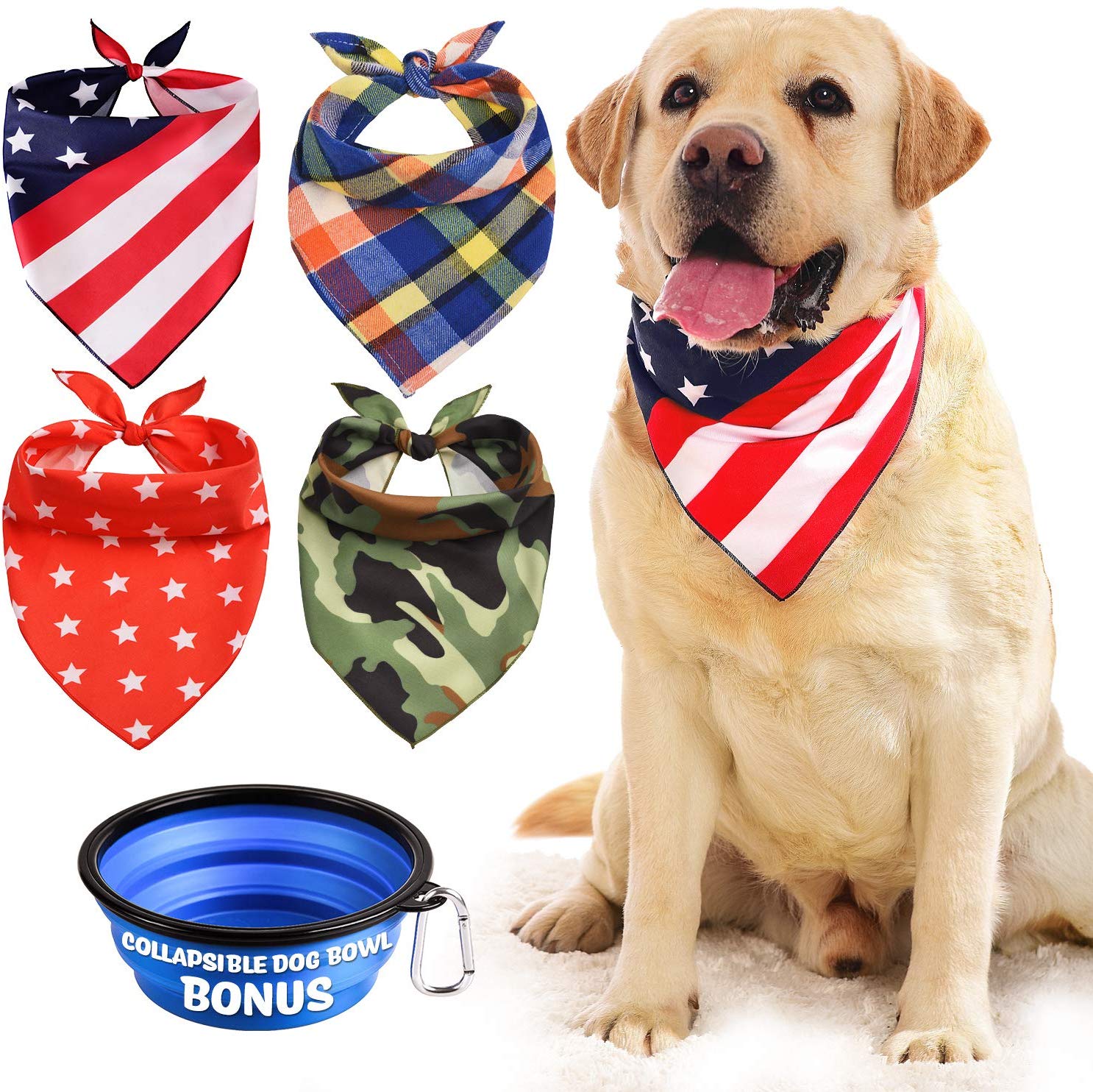 Dog Bandana, Bibs Scarf for Pet – 4Pcs Washable Cotton Triangle Kerchief, Adjustable Neckerchief Accessories for Small to Large Dogs Cats Pets, BONUS Pet Bowl Collapsible Silicon with Free Carabiner