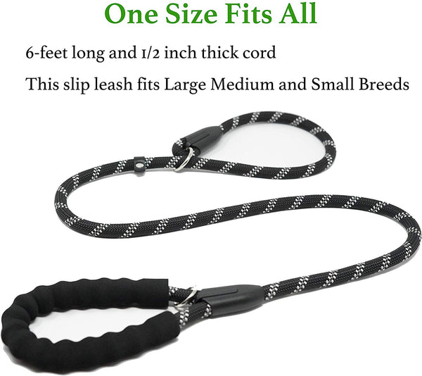 iYoShop 6FT Extremely Durable Slip Dog Rope Training Leash with Comfortable Padded Handle and Highly Reflective Threads Quality Slip Lead for Small Medium and Large Dogs, Black, Medium Large (6 FT)