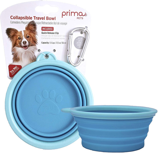 Prima Pets Collapsible Silicone Food & Water Travel Bowl with Clip for Dog and Cat, Small (1.5 Cups) & Large (5 Cups)