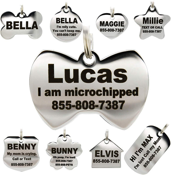 Stainless Steel Pet ID Tags - Engraved Personalized Dog Tags, Cat Tags Front & Back up to 8 Lines of Text – Bone, Round, Heart, Flower, Badge, House, Star, Rectangle, Bow Tie
