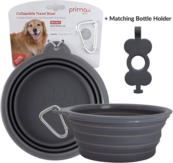 Prima Pets Collapsible Silicone Food & Water Travel Bowl with Clip for Dog and Cat, Small (1.5 Cups) & Large (5 Cups)