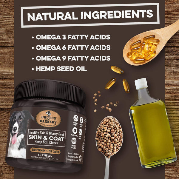 BRUTUS & BARNABY Omega 3 Fish Oil for Dogs - Easy to Deliver Skin and Coat Soft Chew, Coconut Oil, EPA,DHA ; Dog Skin Allergy Treatment for Itch-Free Skin, Increases Shiny Coat, Vitamin C & E