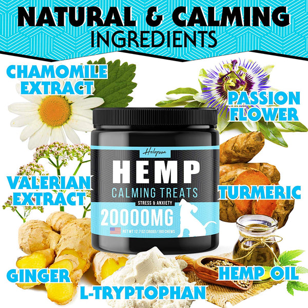 Hemp Calming Treats for Dogs - Made in USA - 180 Soft Dog Calming Treats - Aids Stress, Anxiety, Storms, Barking, Separation and More - Valerian Root, L-Tryptophan, Chamomile - Hemp Oil for Dogs