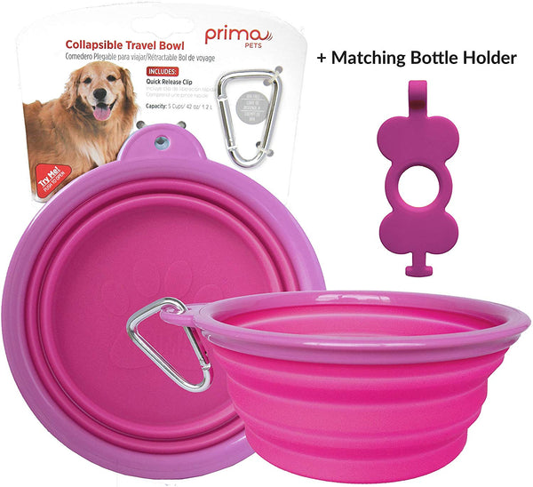 Prima Pets Collapsible Silicone Food & Water Travel Bowl with Clip for Dog and Cat, Small (1.5 Cups) & Large (5 Cups)