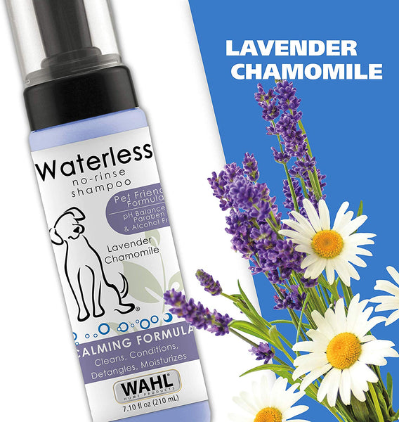 Wahl Pet Friendly Waterless No Rinse Shampoo for Animals – Lavender & Chamomile for Cleaning, Conditioning, Detangling & Moisturizing Dogs, Cats & Horses – 7.1 Oz