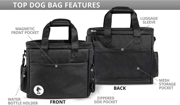 Top Dog Travel Bag - Airline Approved Travel Set for Dogs Stores All Your Dog Accessories - Includes Travel Bag, 2X Food Storage Containers and 2X Collapsible Dog Bowls - Black