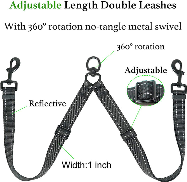 iYoShop Adjustable Dual Dog Leash, Double Dog Leash, 360 Swivel No Tangle Double Dog Walking Training Leash for Two Dogs, Black, Medium Large