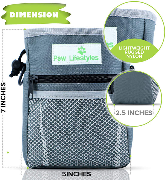 Paw Lifestyles – Dog Treat Training Pouch – Easily Carries Pet Toys, Kibble, Treats – Built-in Poop Bag Dispenser – 3 Ways to Wear – Grey