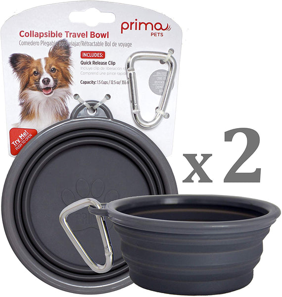 Prima Pets Collapsible Silicone Food & Water Travel Bowl with Clip for Dog and Cat, Small (1.5 Cups) & Large (5 Cups)