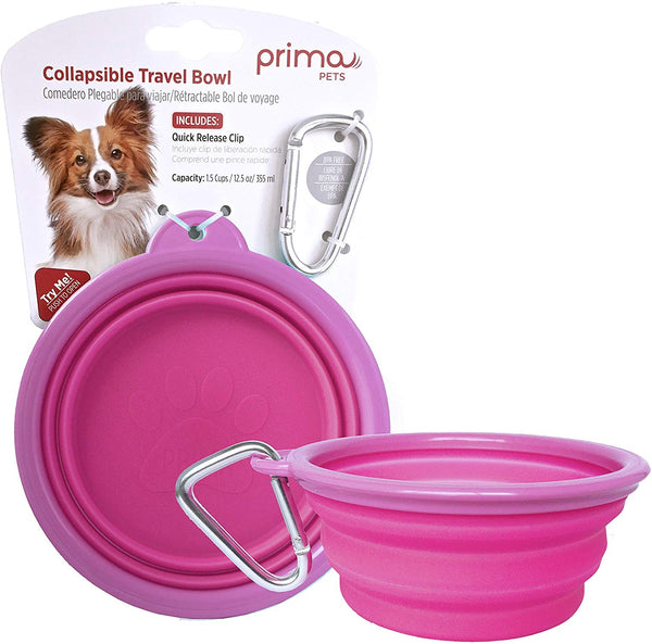 Prima Pets Collapsible Silicone Food & Water Travel Bowl with Clip for Dog and Cat, Small (1.5 Cups) & Large (5 Cups)