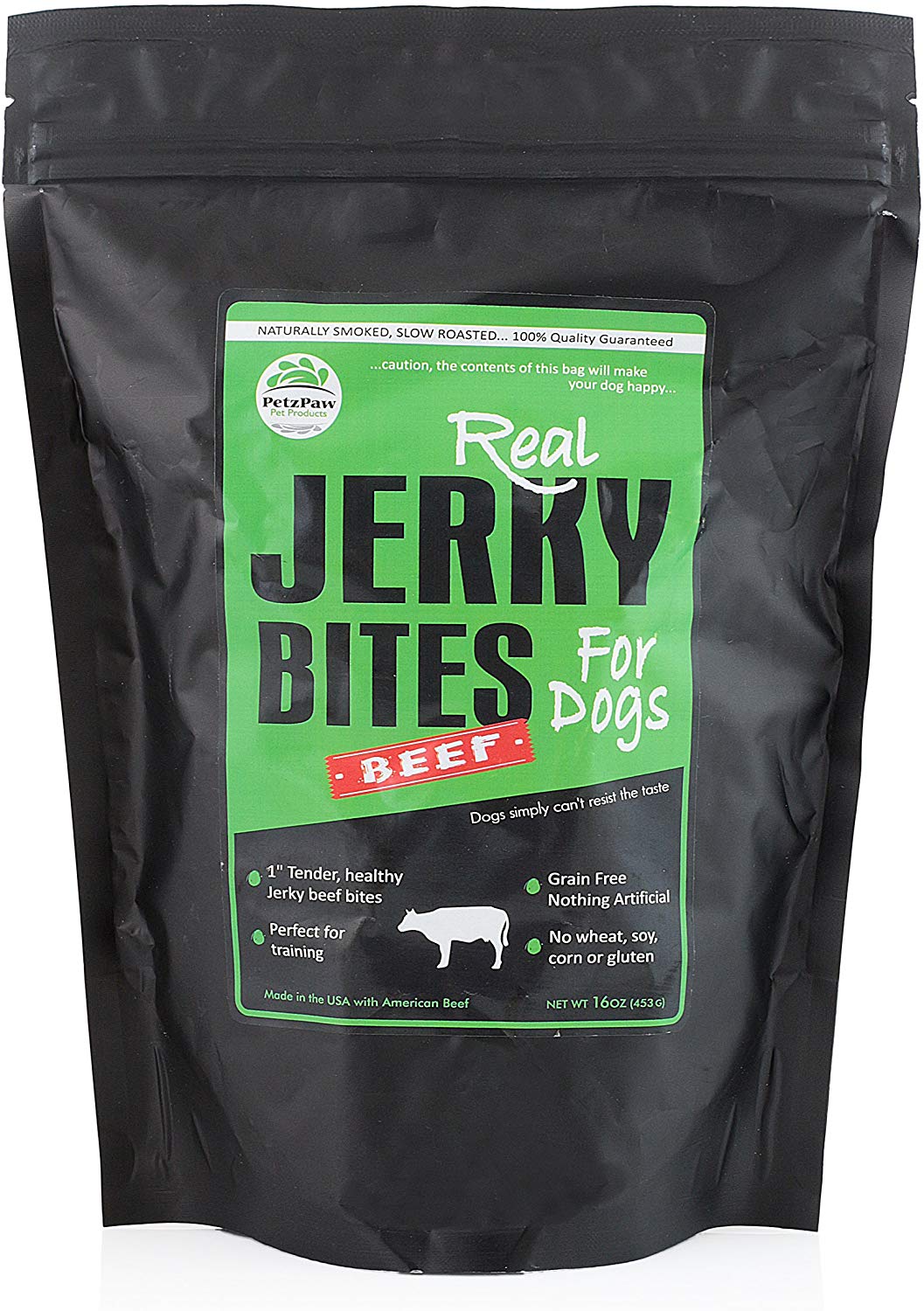 PetzPaw All Natural Dog Treats – Healthy Jerky Bites for Your Pet – Made in The USA - Grain, Wheat, Soy, Gluten Free - Beef 16oz, Chicken 8oz or Turkey 8oz - Perfect for Dog Training