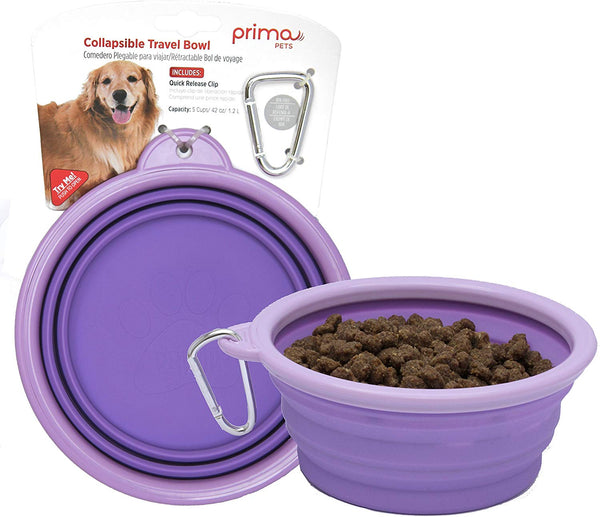 Prima Pets Collapsible Silicone Food & Water Travel Bowl with Clip for Dog and Cat, Small (1.5 Cups) & Large (5 Cups)