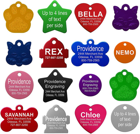 Pet ID Tags - 8 Lines of Engraving Available | Size Small or Large | Bone, Round, Star, Heart, Hydrant, Paw, Cat Face | 9 Colors | Dog Tag, Cat Tag, Personalized, Anodized Aluminum