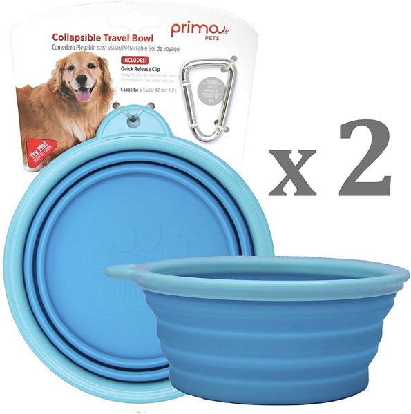 Prima Pets Collapsible Silicone Food & Water Travel Bowl with Clip for Dog and Cat, Small (1.5 Cups) & Large (5 Cups)