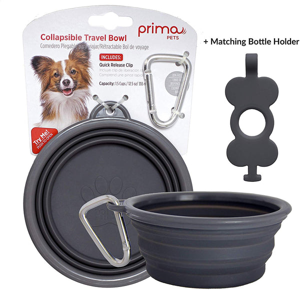 Prima Pets Collapsible Silicone Food & Water Travel Bowl with Clip for Dog and Cat, Small (1.5 Cups) & Large (5 Cups)