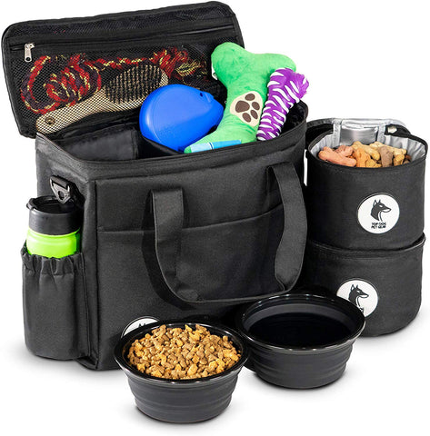 Top Dog Travel Bag - Airline Approved Travel Set for Dogs Stores All Your Dog Accessories - Includes Travel Bag, 2X Food Storage Containers and 2X Collapsible Dog Bowls - Black