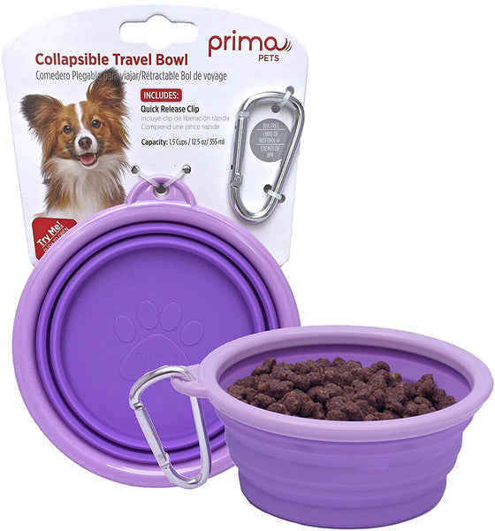 Prima Pets Collapsible Silicone Food & Water Travel Bowl with Clip for Dog and Cat, Small (1.5 Cups) & Large (5 Cups)