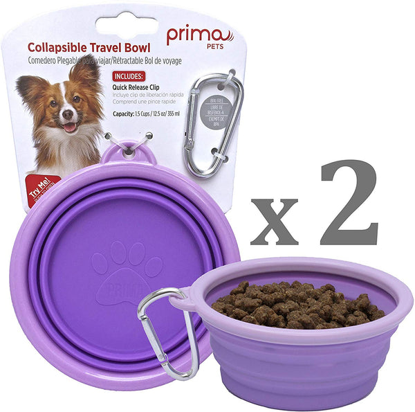 Prima Pets Collapsible Silicone Food & Water Travel Bowl with Clip for Dog and Cat, Small (1.5 Cups) & Large (5 Cups)