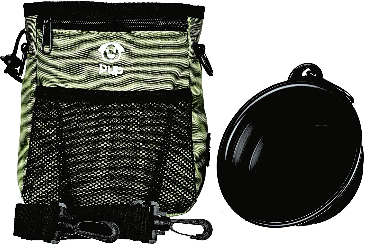 Pup Pouch Nookoo Large Dog Walking Training Treat Bag w/Collapsible Water Bowl - Built-in Waste Bag Dispenser - Carries Phone, Toys, Kibble, Treats - 3 Ways to Wear - Olive Green