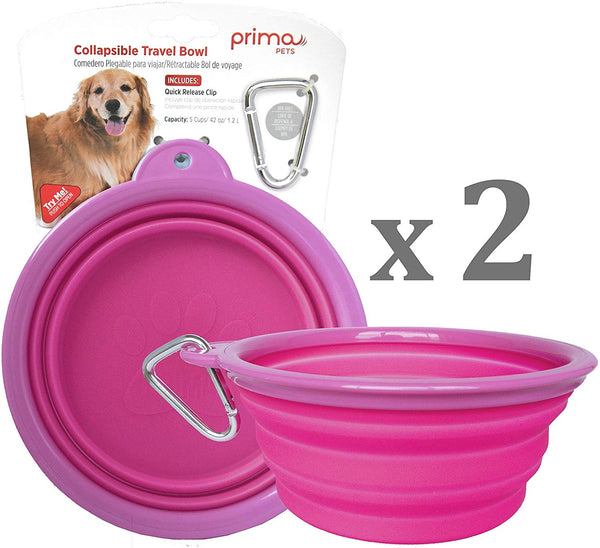 Prima Pets Collapsible Silicone Food & Water Travel Bowl with Clip for Dog and Cat, Small (1.5 Cups) & Large (5 Cups)