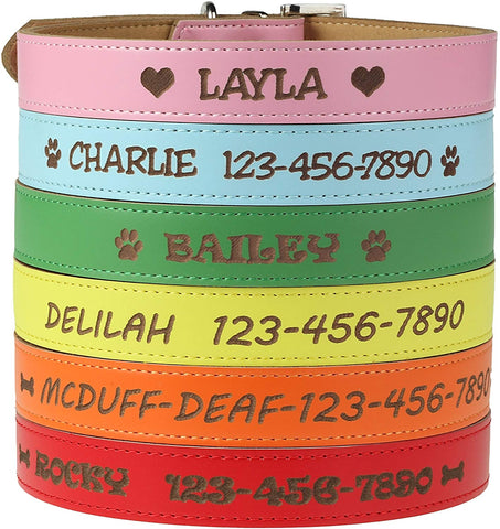 Custom Catch Personalized Dog Collar - Engraved Soft Leather in XS, Small, Medium or Large Size, ID Collar, No Pet Tags or Embroidered Names