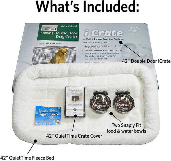 MidWest iCrate Starter Kit | The Perfect Kit for Your New Dog Includes a Dog Crate, Dog Crate Cover, 2 Dog Bowls & Pet Bed | 1-Year Warranty on ALL Items