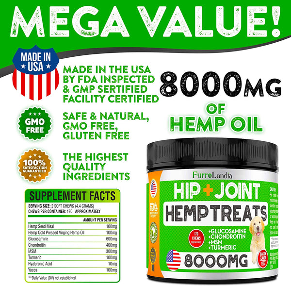 FurroLandia Hemp Hip & Joint Supplement for Dogs - 170 Soft Chews - Made in USA - Glucosamine for Dogs - Chondroitin - MSM - Turmeric - Hemp Seed Oil - Natural Pain Relief & Mobility