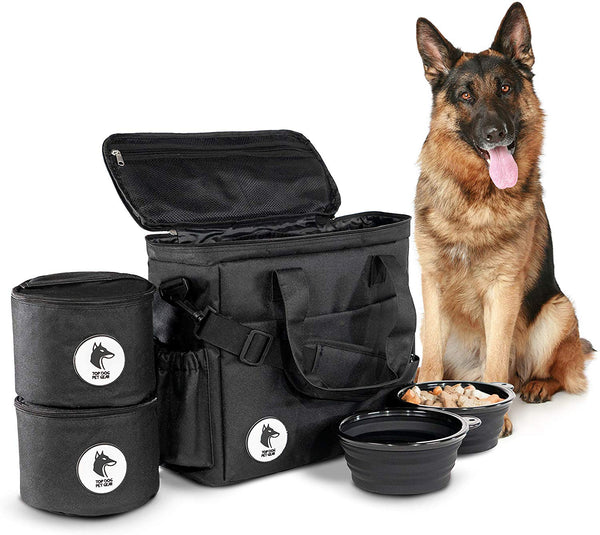 Top Dog Travel Bag - Airline Approved Travel Set for Dogs Stores All Your Dog Accessories - Includes Travel Bag, 2X Food Storage Containers and 2X Collapsible Dog Bowls - Black