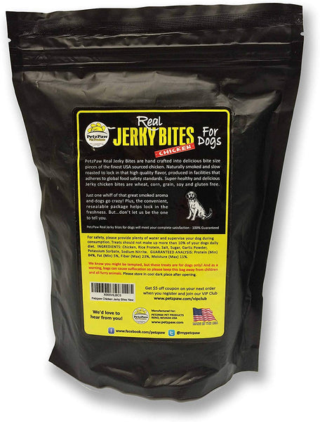 PetzPaw All Natural Dog Treats – Healthy Jerky Bites for Your Pet – Made in The USA - Grain, Wheat, Soy, Gluten Free - Beef 16oz, Chicken 8oz or Turkey 8oz - Perfect for Dog Training