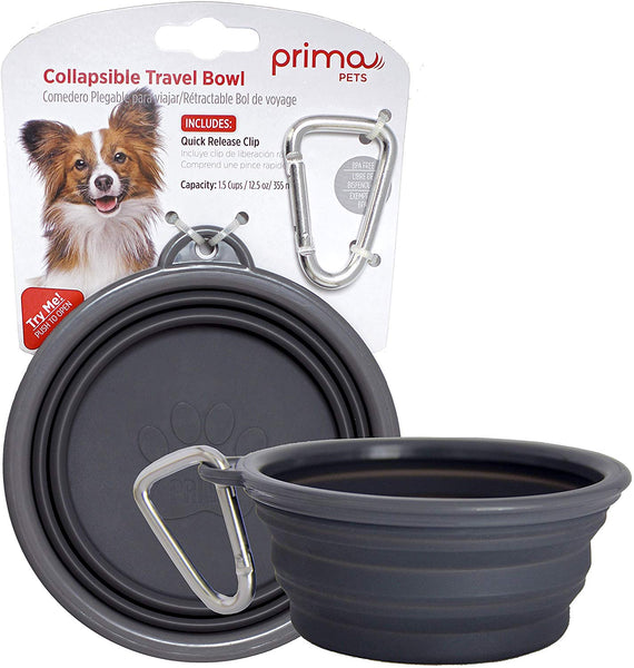 Prima Pets Collapsible Silicone Food & Water Travel Bowl with Clip for Dog and Cat, Small (1.5 Cups) & Large (5 Cups)