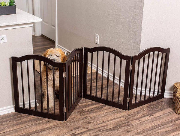 Internet's Best Dog Gate with Arched Top - 4 Panel - 24 Inch Step Over Fence - Free Standing Folding Z Shape Indoor Doorway Hall Stairs Pet Puppy Gate - Fully Assembled - Espresso - MDF