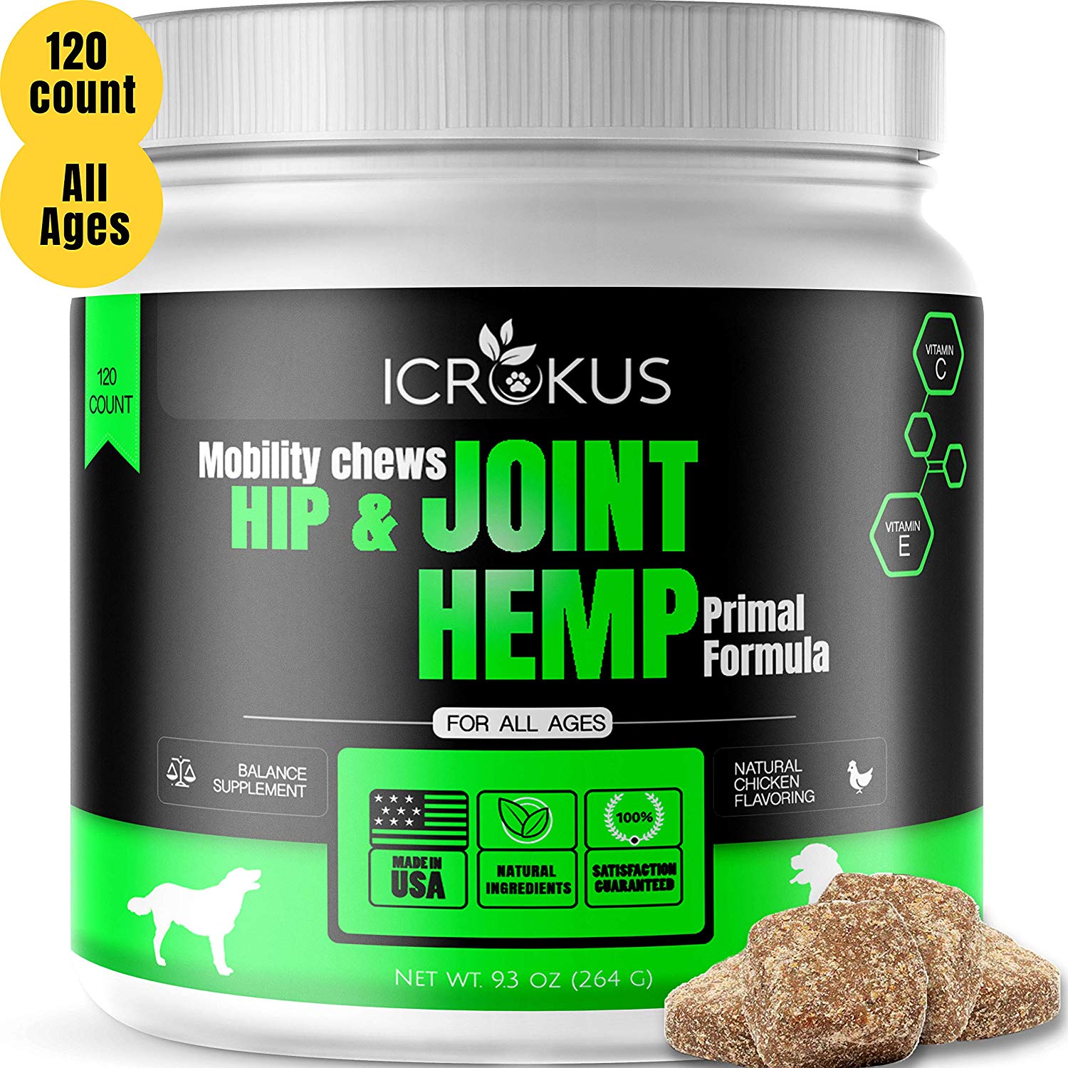 ICROKUS Hemp Mobility Hip & Joint Supplement for Dogs with Probiotics Glucosamine Chondroitin + MSM - Turmeric Soft Chews 120 Count