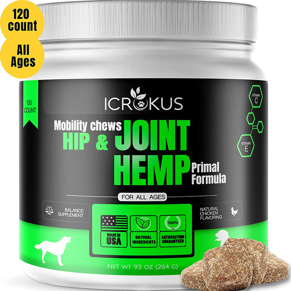 ICROKUS Hemp Mobility Hip & Joint Supplement for Dogs with Probiotics Glucosamine Chondroitin + MSM - Turmeric Soft Chews 120 Count