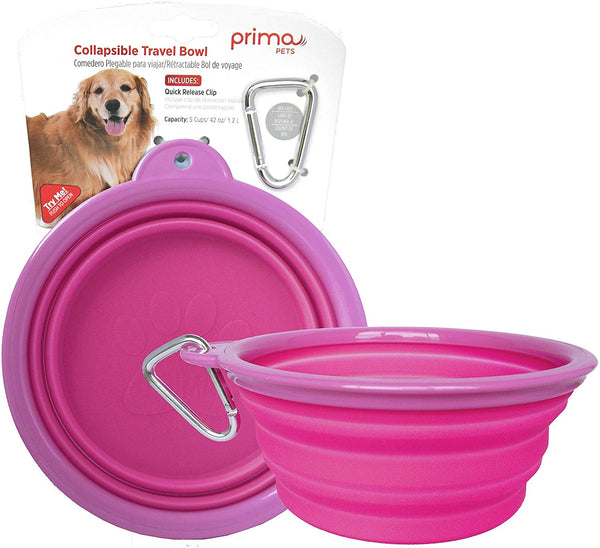 Prima Pets Collapsible Silicone Food & Water Travel Bowl with Clip for Dog and Cat, Small (1.5 Cups) & Large (5 Cups)