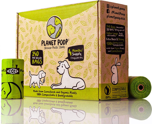 Compostable Dog Poop Bags, Plant-Based Poop Bags for Dogs, Unscented Extra-Long with Handles 9 x 16 Inches Thick Leak Proof Doggy Waste Bag Refills Highest USA Rated D6400 Supports Doggie & Pet Rescue