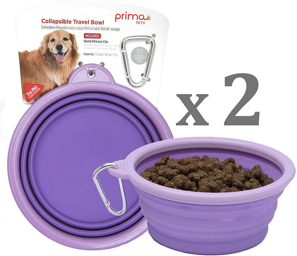 Prima Pets Collapsible Silicone Food & Water Travel Bowl with Clip for Dog and Cat, Small (1.5 Cups) & Large (5 Cups)