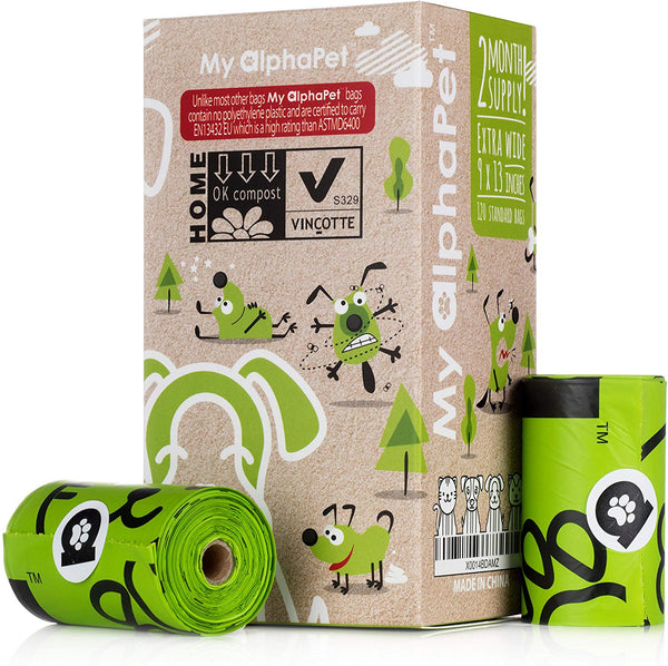 My AlphaPet Dog Poop Bags Refill Rolls - Large Size 9 x 13 Inches - Earth Friendly Highest ASTM D6400 Rated - Leak Proof Doggie Waste Bags