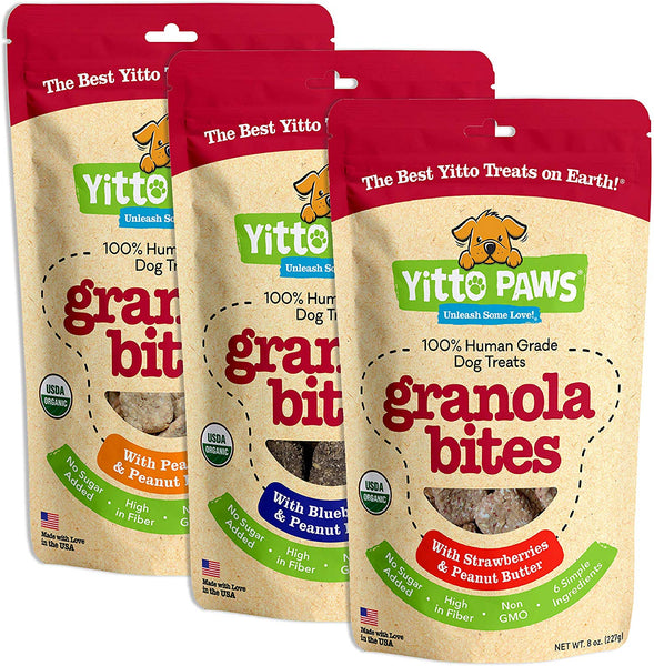 Yitto Paws Granola Bites Dog Treats - Organic, Human Grade, with 100% Whole-Grain Oats, Real Fruit, and Creamy Peanut Butter