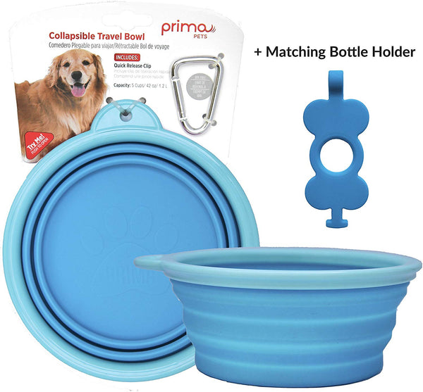 Prima Pets Collapsible Silicone Food & Water Travel Bowl with Clip for Dog and Cat, Small (1.5 Cups) & Large (5 Cups)