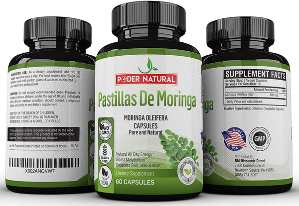 Pastillas De Moringa para Adelgazar Natural - Fuente de Vitaminas, Minerales Y Proteina Completa - 60 Capsulas