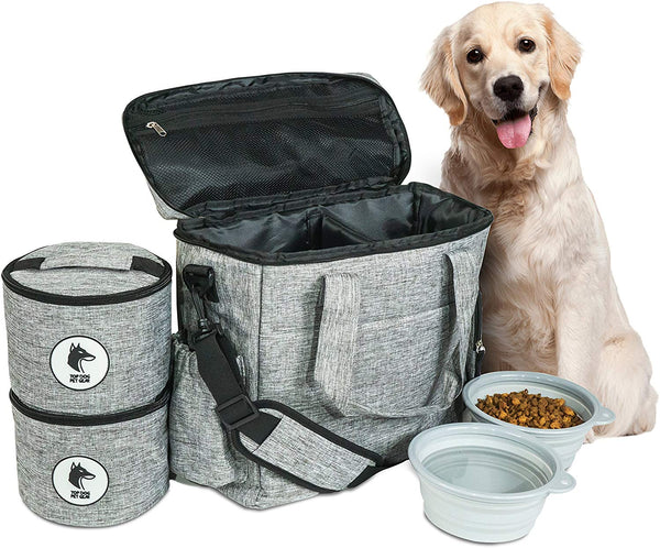 Top Dog Travel Bag - Airline Approved Travel Set for Dogs Stores All Your Dog Accessories - Includes Travel Bag, 2X Food Storage Containers and 2X Collapsible Dog Bowls - Gray