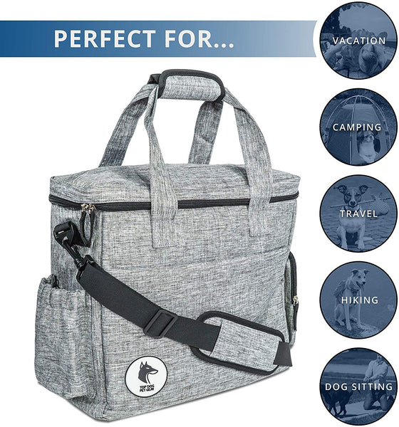 Top Dog Travel Bag - Airline Approved Travel Set for Dogs Stores All Your Dog Accessories - Includes Travel Bag, 2X Food Storage Containers and 2X Collapsible Dog Bowls - Gray